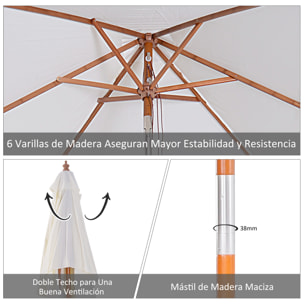 Sombrilla Ángulo Inclinable De Madera Bambú 2x1,5m Crema