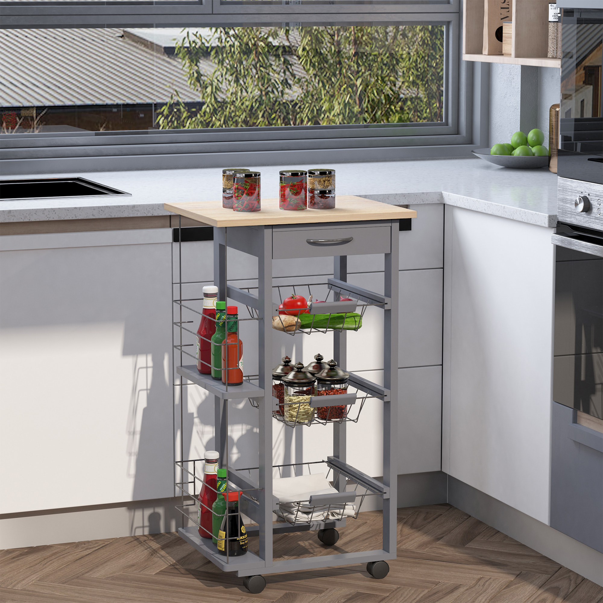 Carrito Auxiliar con Ruedas, Carrito de Cocina con 3 Cestas Metálicas, Cajón, 2 Especieros, Estructura de Madera de Pino, para Verduras, Frutas, para Comedor, 47x37x83 cm, Gris