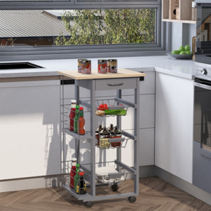 Carrito Auxiliar con Ruedas, Carrito de Cocina con 3 Cestas Metálicas, Cajón, 2 Especieros, Estructura de Madera de Pino, para Verduras, Frutas, para Comedor, 47x37x83 cm, Gris