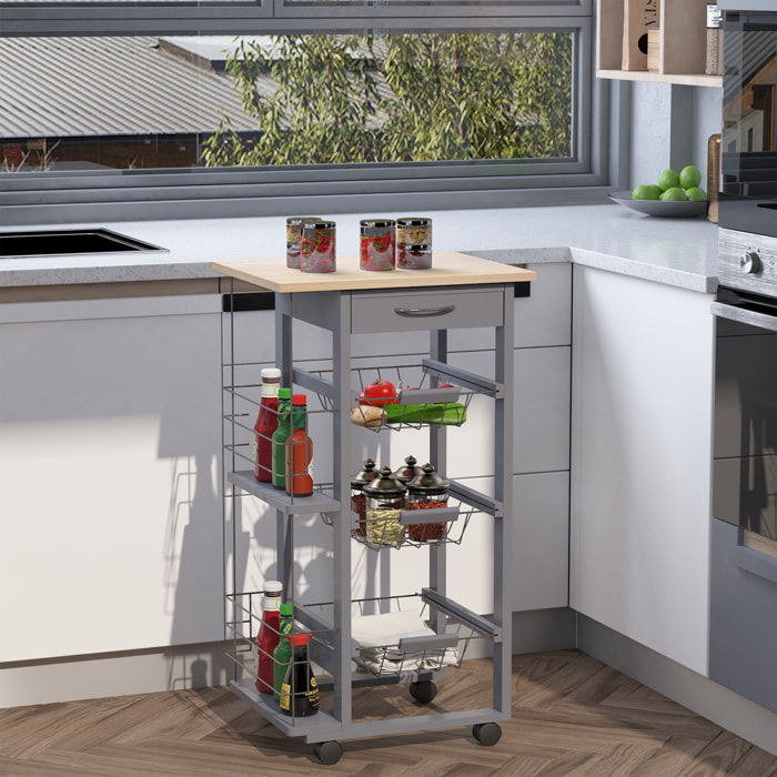 Carrito Auxiliar con Ruedas, Carrito de Cocina con 3 Cestas Metálicas, Cajón, 2 Especieros, Estructura de Madera de Pino, para Verduras, Frutas, para Comedor, 47x37x83 cm, Gris