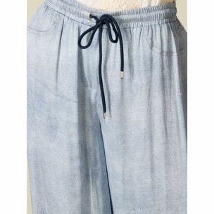 Oltre - Pantaloni palazzo in raso effetto denim - Azzurro