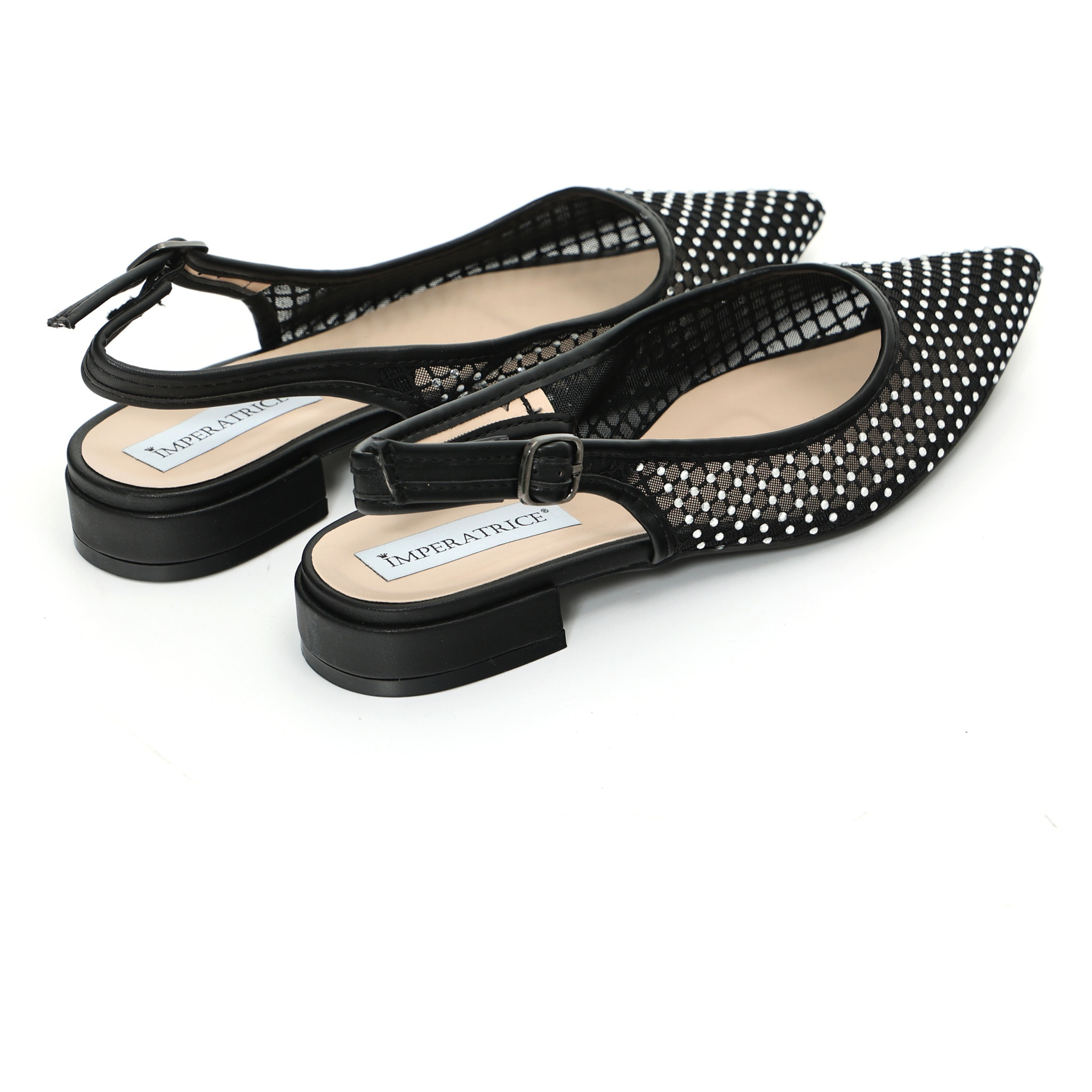 Ballerine slingback con tomaia semitrasparente ricoperta di strass