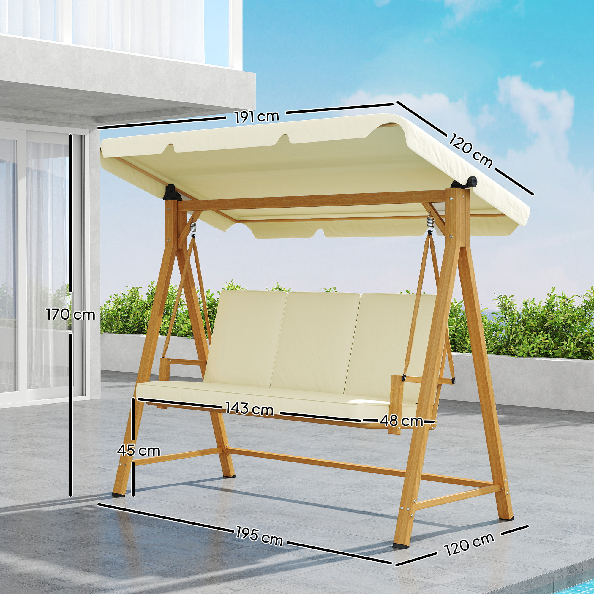 Balancín de Jardín Exterior con Toldo Ajustable de 3 Plazas Columpio de Jardín Exterior con Cojines y Estructura con Veta de Madera Carga 330 kg 195x120x170 cm Beige
