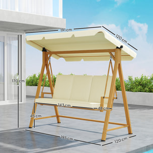Balancín de Jardín Exterior con Toldo Ajustable de 3 Plazas Columpio de Jardín Exterior con Cojines y Estructura con Veta de Madera Carga 330 kg 195x120x170 cm Beige