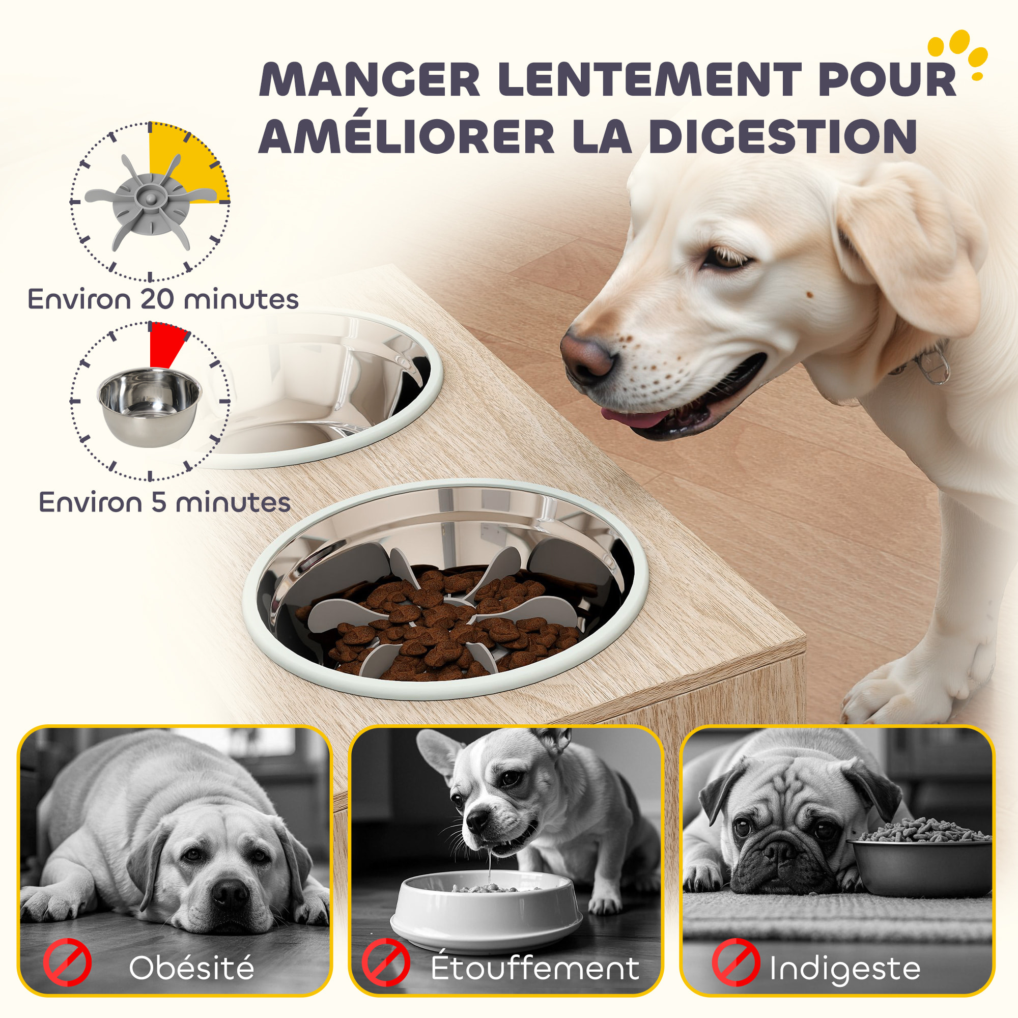 Gamelle double chien - porte-gamelles surélevé rangement 2 en 1 - 2 portes - effet bois naturel