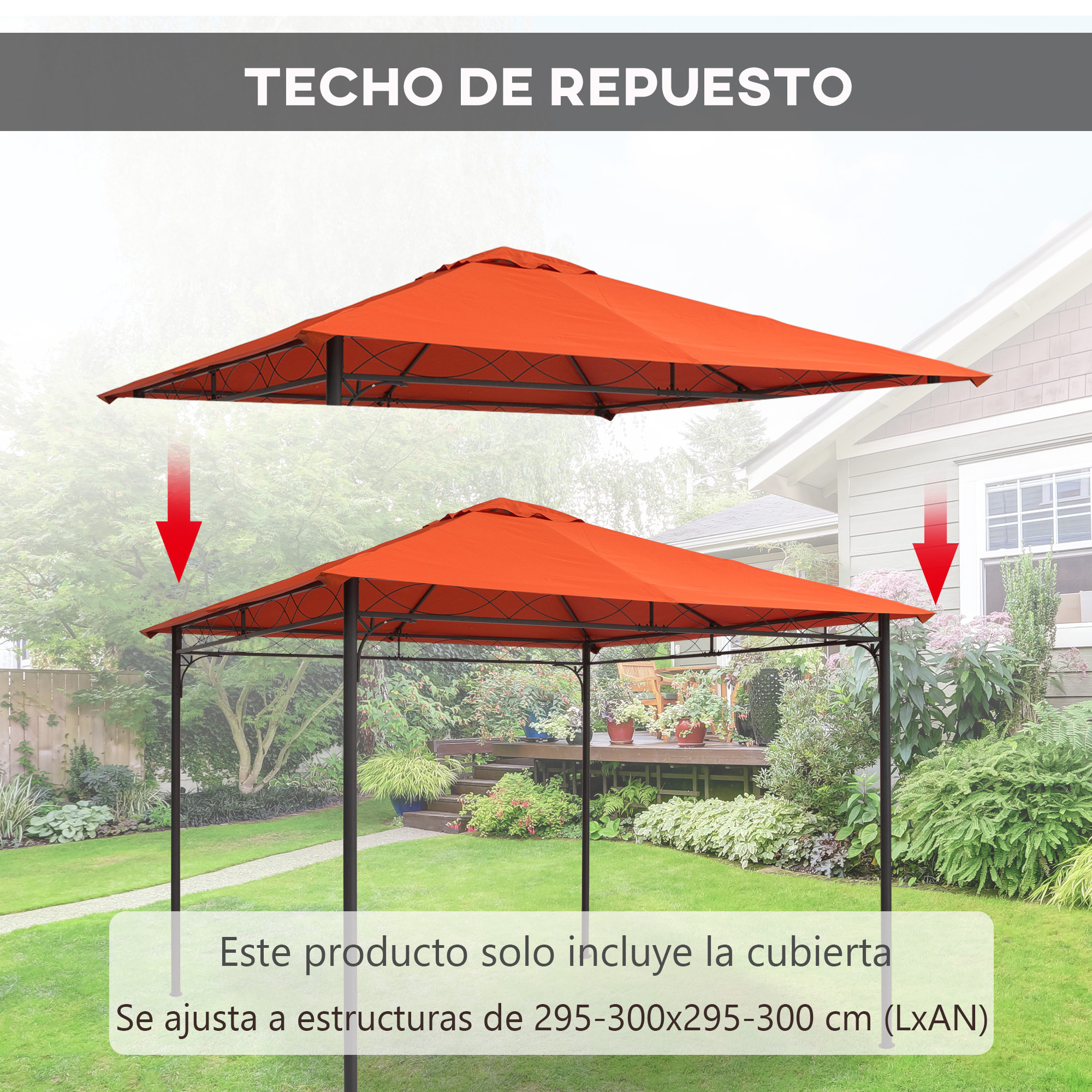 Techo de Repuesto 2,98x2,95 m para Cenador de Jardín Cubierta de Repuesto de Gazebo Pabellón Exterior con 8 Orificios de Drenaje y Ventilación Naranja