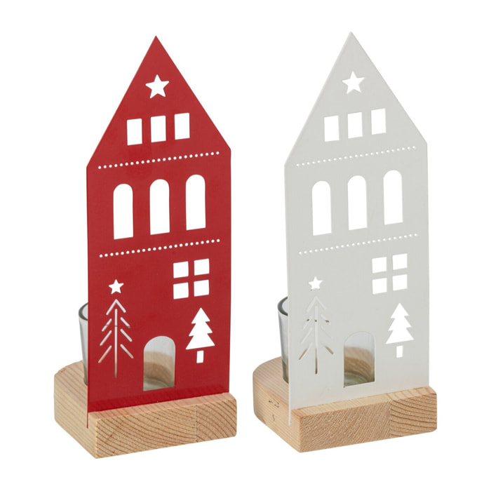J-Line photophores maison - fer - blanc/rouge Noël - small - assortiment de 2