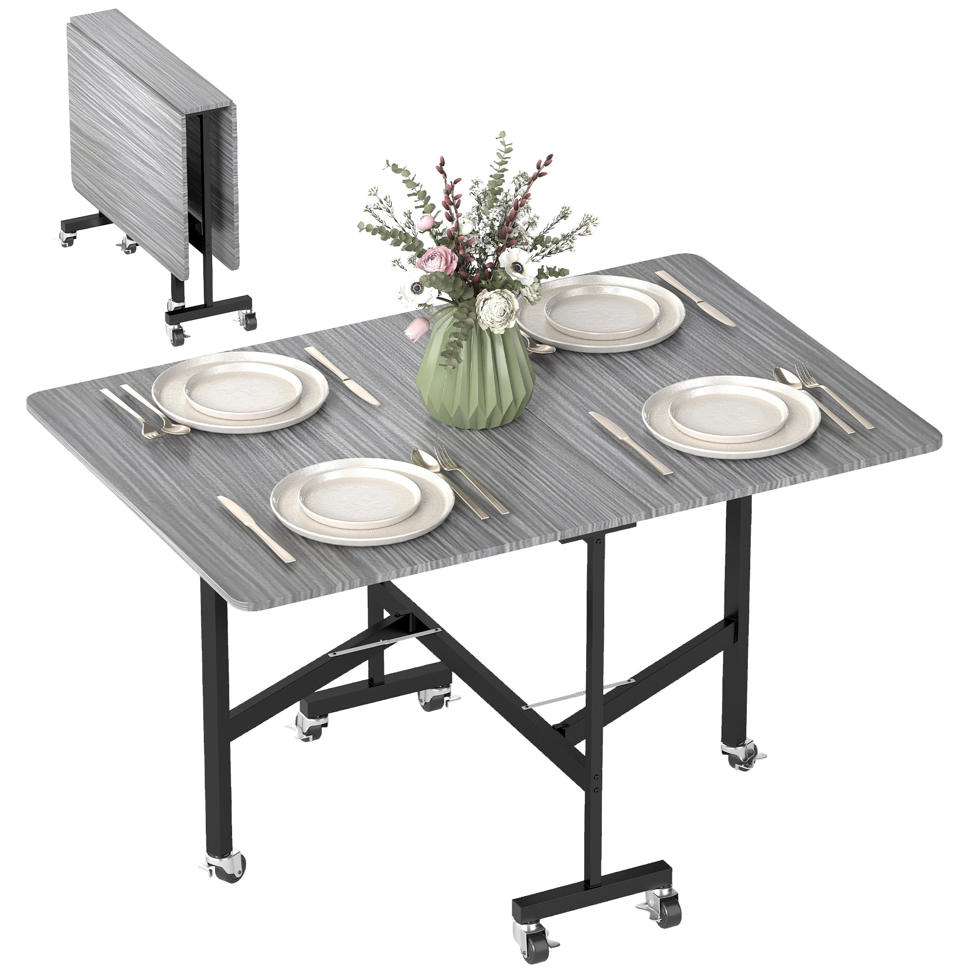 Mesa Plegable de Comedor para 4-6 Personas Mesa de Cocina Plegable con Ruedas y Alas Abatibles para Cocina Salón 120x80x73 cm Gris