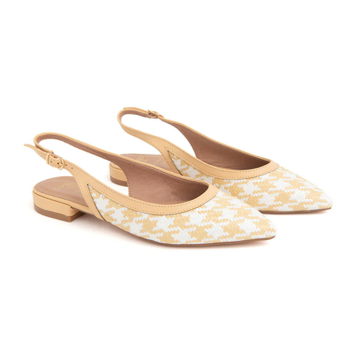 Slingback in rafia con motivo pied de poule - BIANCO/BEIGE