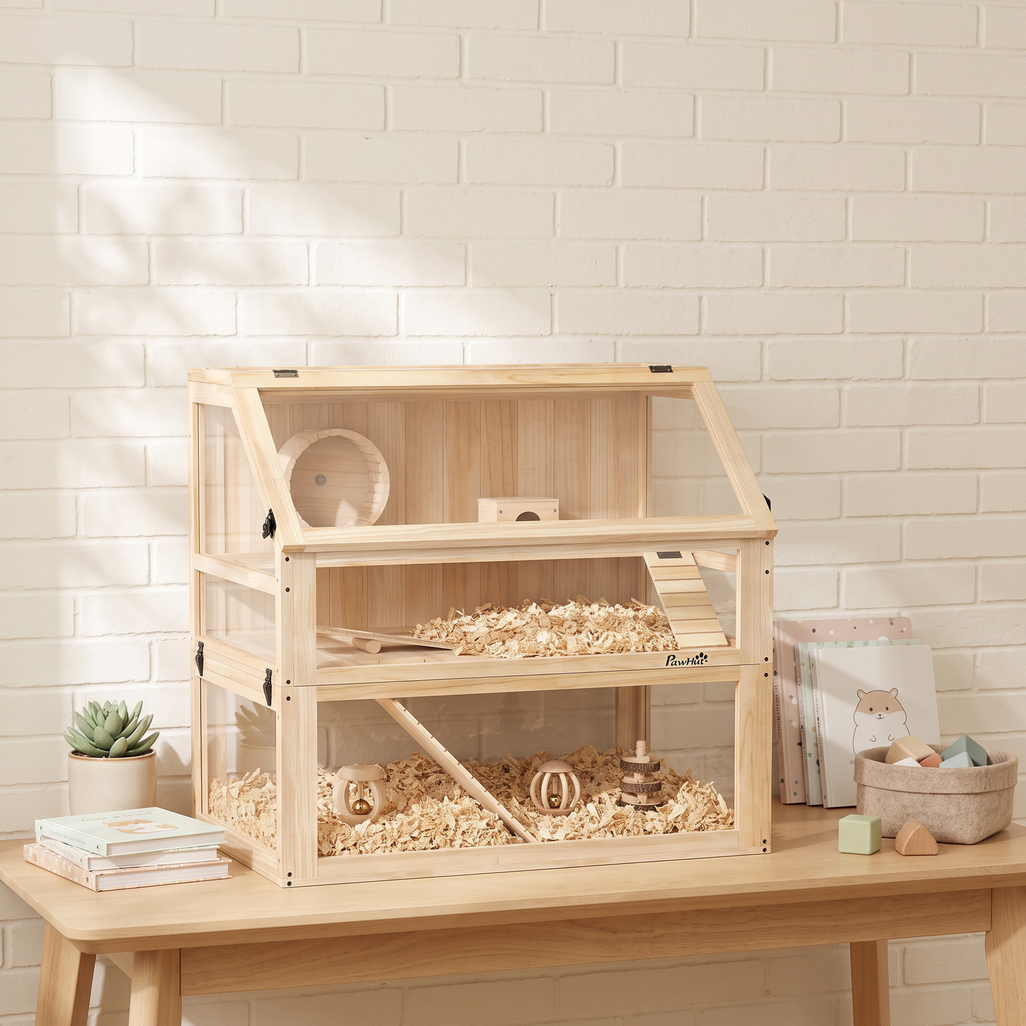 Jaula para Hámster de Madera 3 Niveles, Casa para Roedores Pequeños con Base Profundo Desmontable, Balancín, Rueda de Ejercicio, Rampas, Casita, Paneles Transparentes, Jerbos, Enanos, Natural