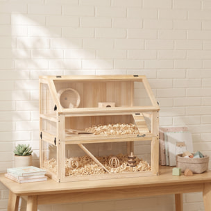 Jaula para Hámster de Madera 3 Niveles, Casa para Roedores Pequeños con Base Profundo Desmontable, Balancín, Rueda de Ejercicio, Rampas, Casita, Paneles Transparentes, Jerbos, Enanos, Natural