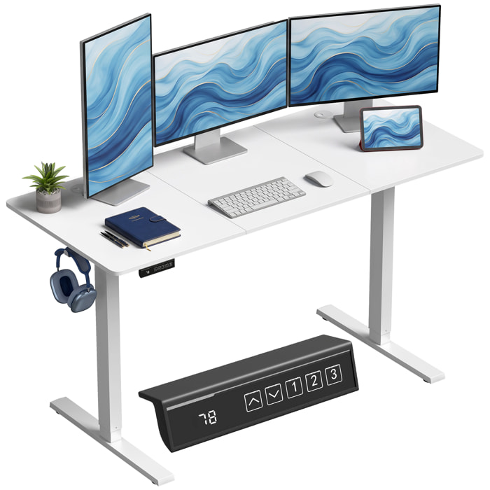 HOMCOM Escritorio Elevable 140x60 cm, Escritorio Eléctrico Regulable en Altura con 3 Alturas de Memoria, Pantalla LED, 2 Ganchos, 2 Pasacables, para Oficina en Casa, Estudio, Blanco