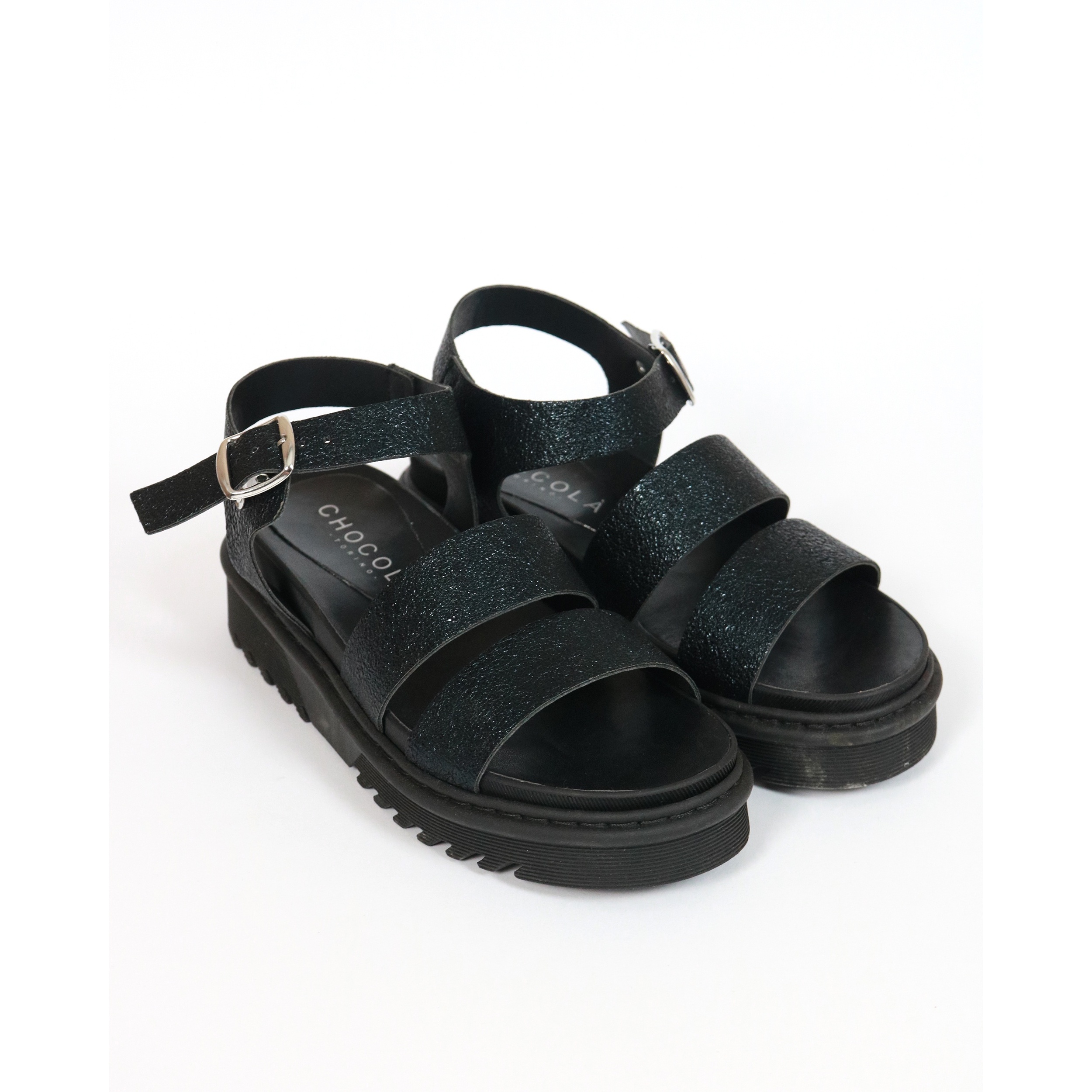 SANDALO FLATFORM TRE FASCE CHOCOLA' BLU