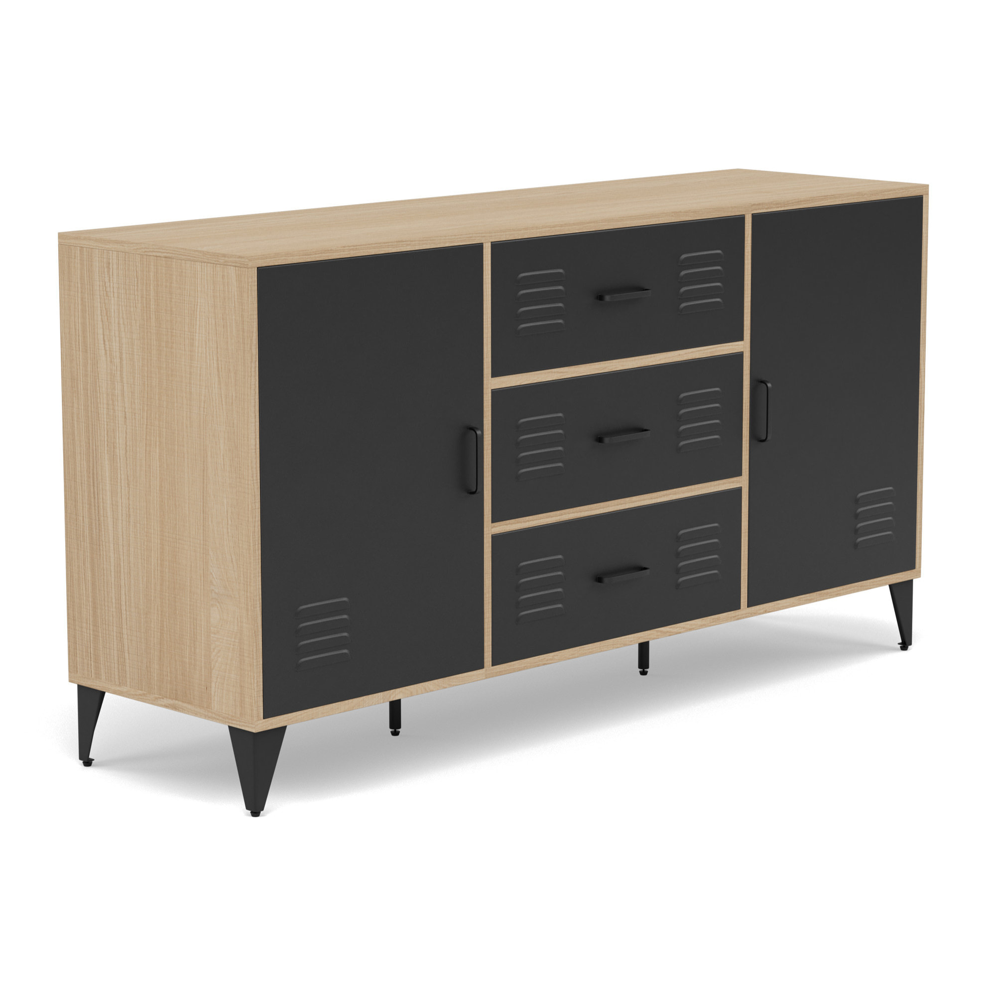 Tribeca - buffet bas - effet bois et métal noir - 3 tiroirs et 2 portes - 140 cm - Bois / Noir