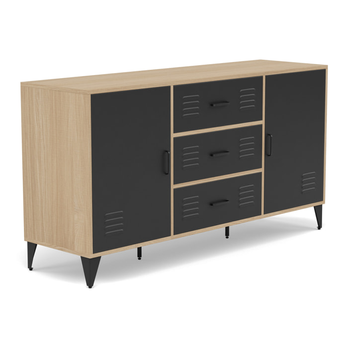 Tribeca - buffet bas - effet bois et métal noir - 3 tiroirs et 2 portes - 140 cm - Bois / Noir