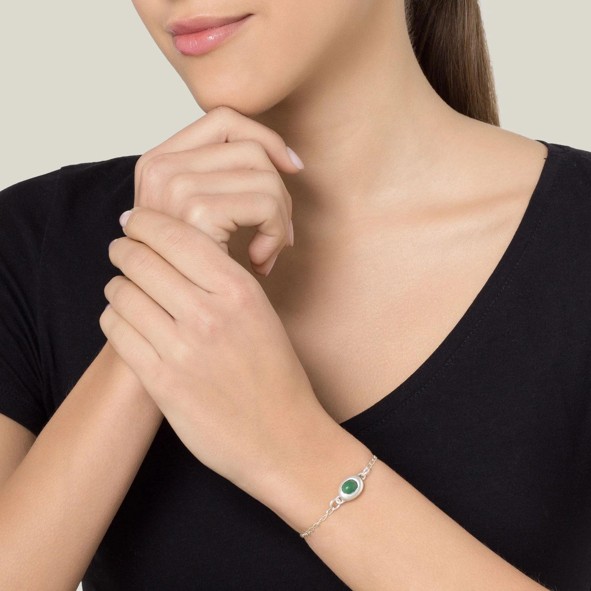 Pulsera cadena plata chapado resina verde esmeralda