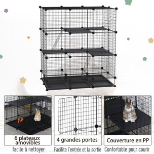 Cage parc enclos rongeurs modulable dim. L 111 x l 75 x H 119 cm 3 niveaux 4 portes fil métallique noir