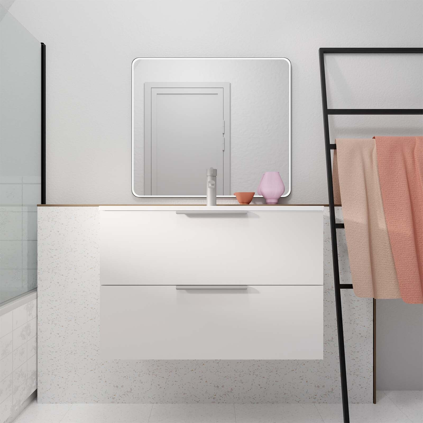 Meuble de Salle de Bains 60cm Suspendu Blanc 2 Tiroirs - Vasque Blanche - ELEMENTARY