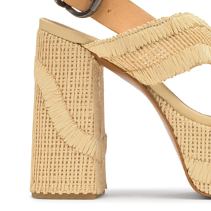 Sandalia destalonada Francina tacón forrado en rafia natural bordada con hebilla