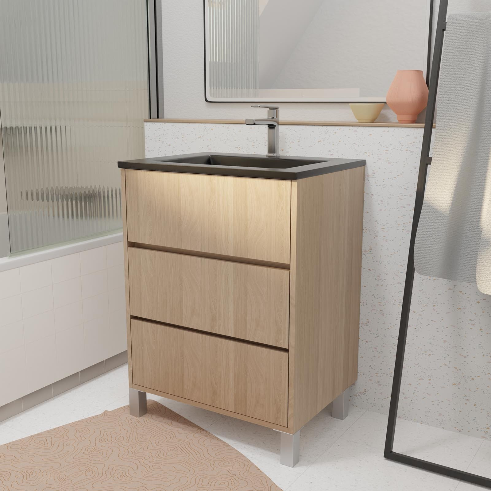 Pack Meuble Salle de Bains 60cm Chêne Clair 3 tiroirs avec Vasque Céramique Noire - XENOS