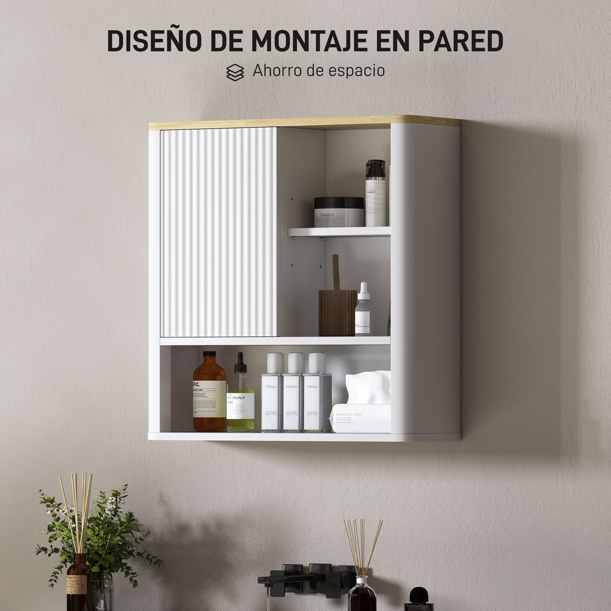 Armario de Baño de Pared Mueble de Baño Colgar con Estantes Ajustables Puerta Corredera Compartimentos y Diseño con Perfil Curvo 60x20x62 cm Blanco