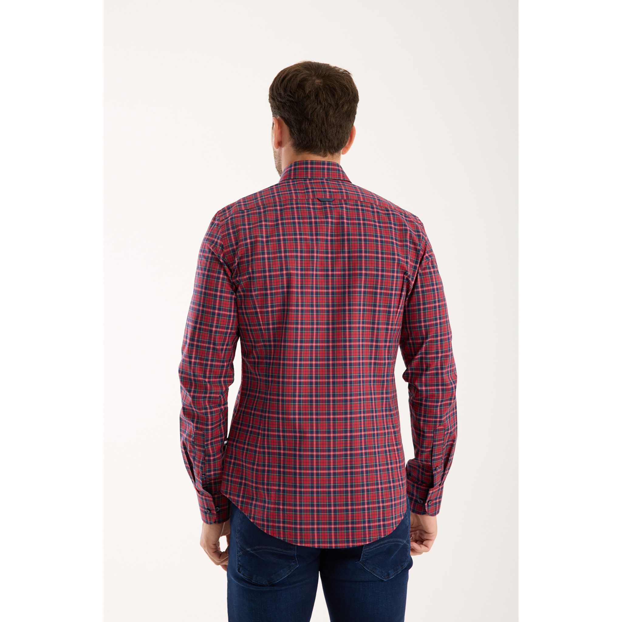 camicia uomo 1 bottone button down slim Popeline Quadro Piccolo Rosso/Blu