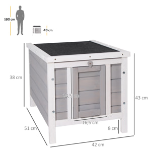 Clapier lapin niche sur pied - rampe porte verrouillable, toit ouvrant bitumé incliné - bois gris blanc
