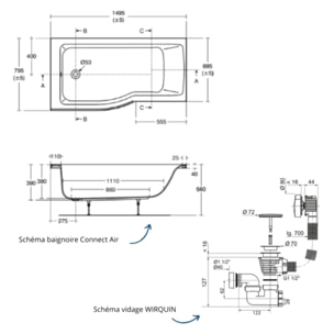 Baignoire bain douche 150 x 80 cm gauche Connect Air + vidage Chromé