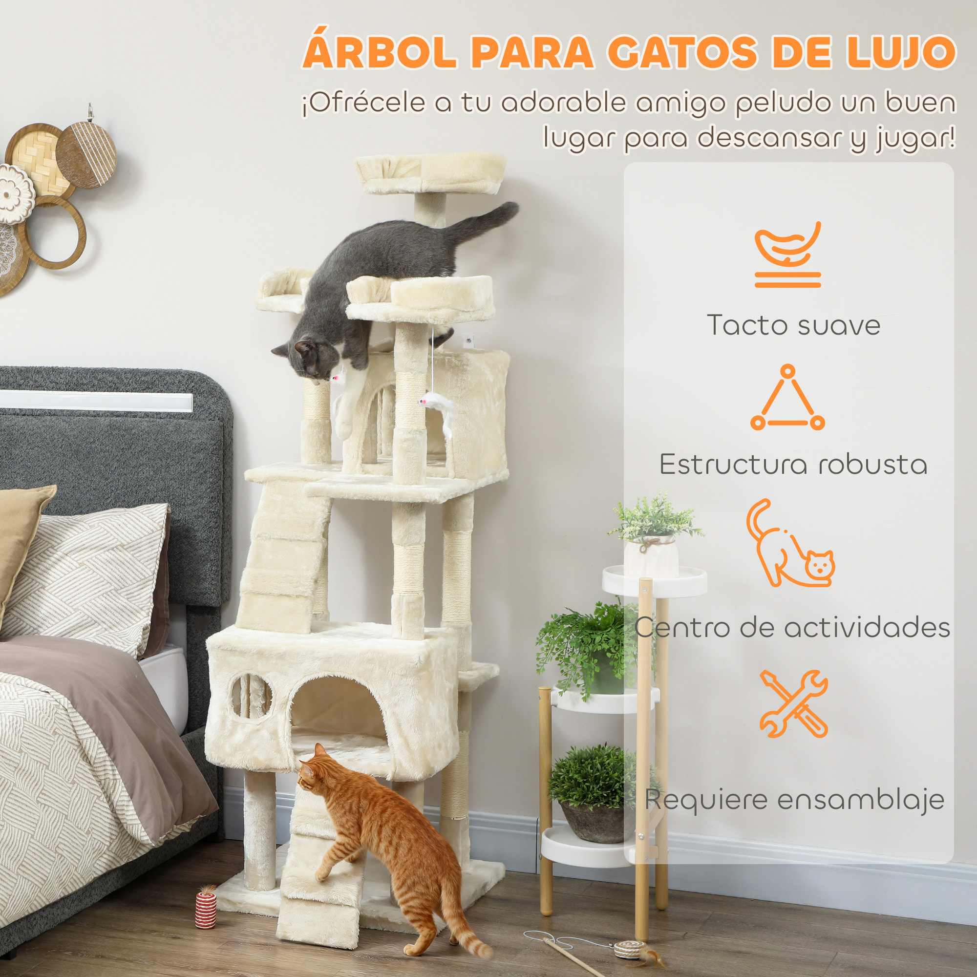Árbol Rascador para Gatos, Árbol para Gatos 153 cm, Torre Escalador con 2 Cuevas, 3 Camas, 2 Rampas, Postes de Sisal, 2 Ratones Colgantes, Crema