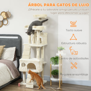 Árbol Rascador para Gatos, Árbol para Gatos 153 cm, Torre Escalador con 2 Cuevas, 3 Camas, 2 Rampas, Postes de Sisal, 2 Ratones Colgantes, Crema