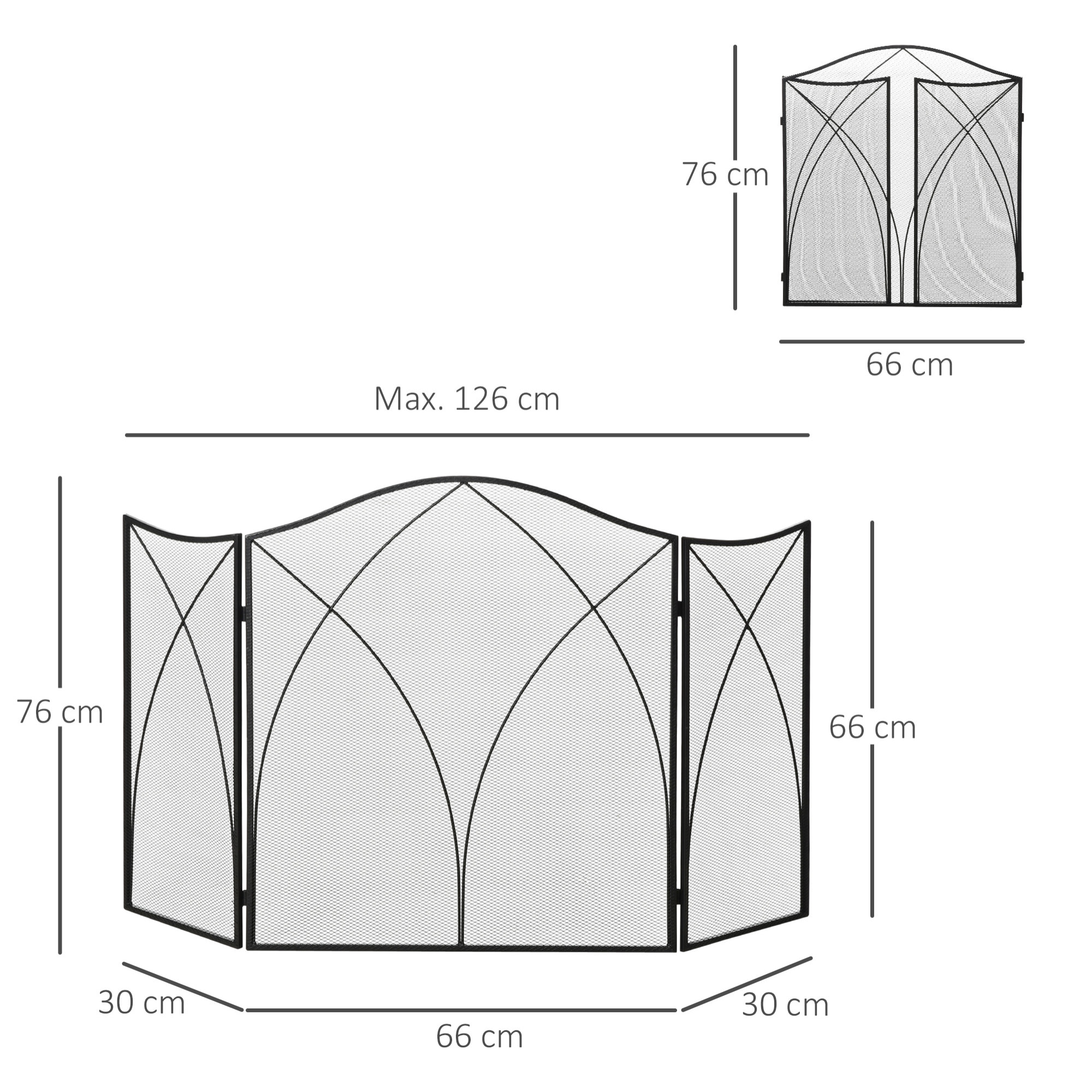 HOMCOM Salvachispas Plegable Pantalla Protectora de Chimenea 3 Paneles con Bisagras y Estructura de Metal Decorativa 126x2x76 cm Negro