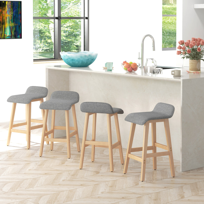 Conjunto de 4 Taburetes de Bar Tapizado en Lino Sintético Taburetes Altos de Cocina con Reposapiés y Patas de Madera Carga 120 kg 40x41,5x75,5 cm Gris y Natural