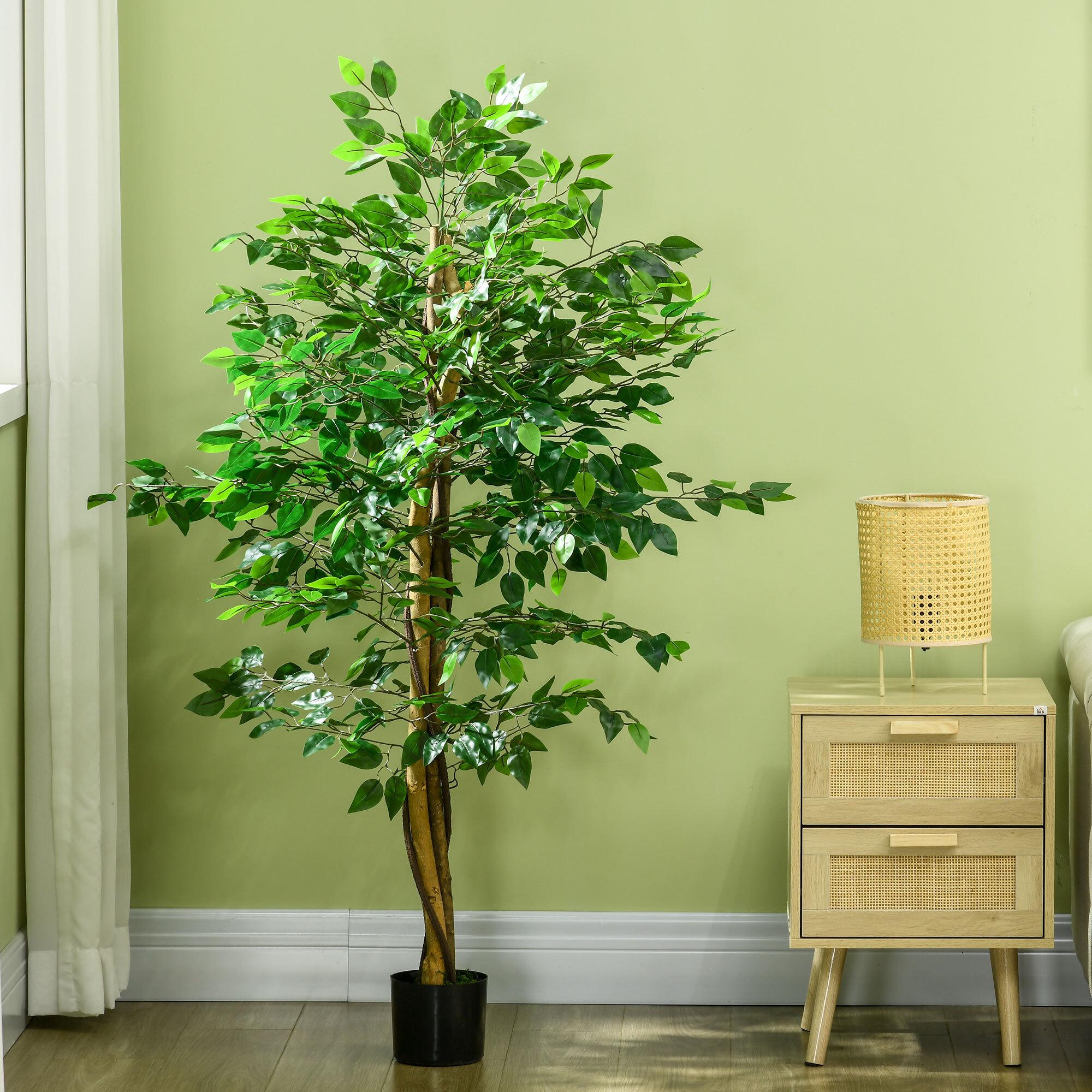 Ficus Artificial con Troncos Naturales 150 cm Planta Artificial con Maceta y 882 Hojas Árbol Artificial Decoración para Hogar Salón Oficina Verde