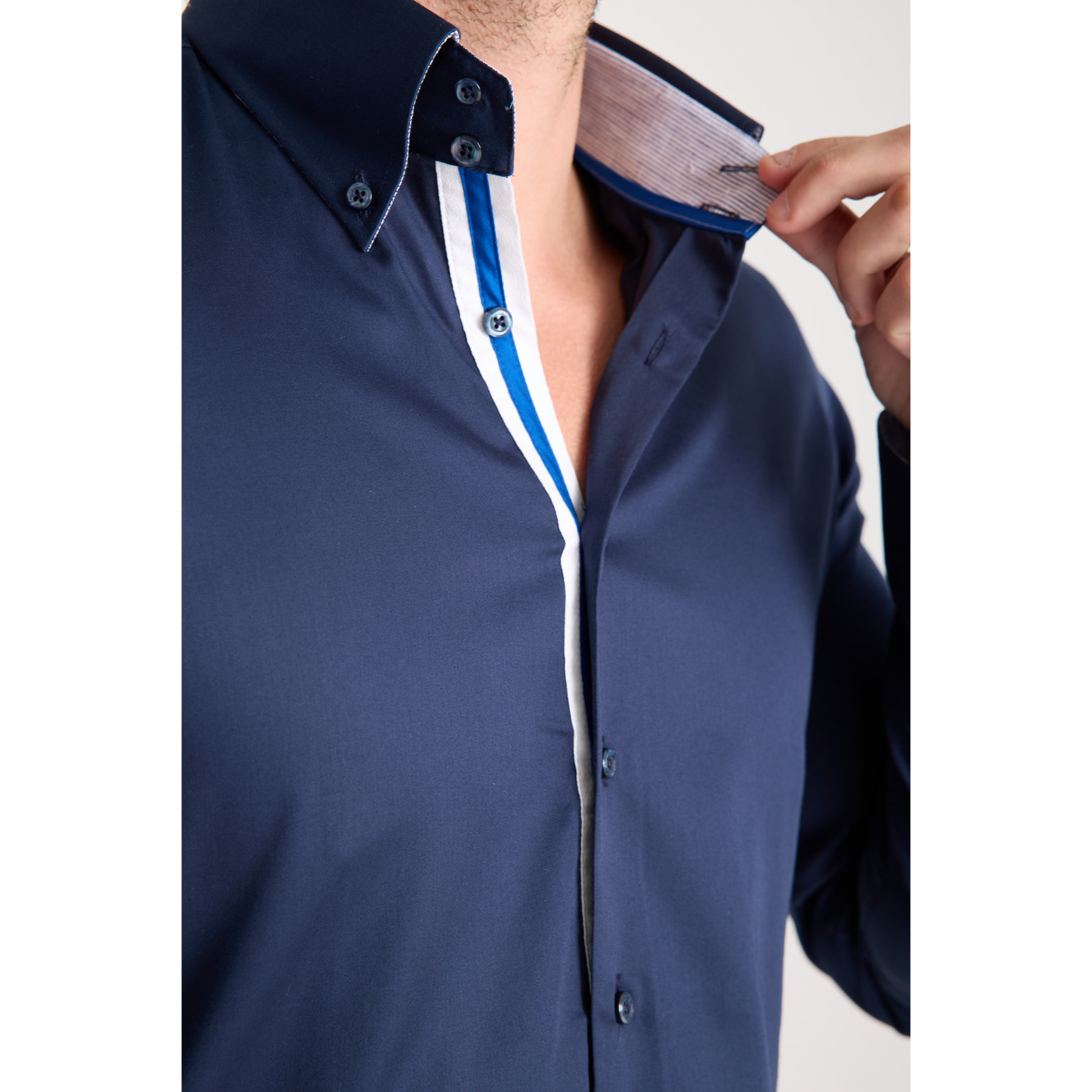 Camicia Uomo 2 Bottoni Button Down Slim Satin Unito Blu