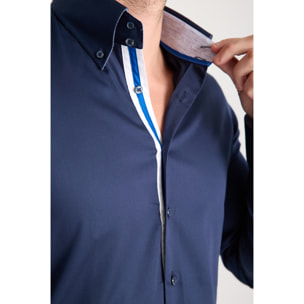 Camicia Uomo 2 Bottoni Button Down Slim Satin Unito Blu