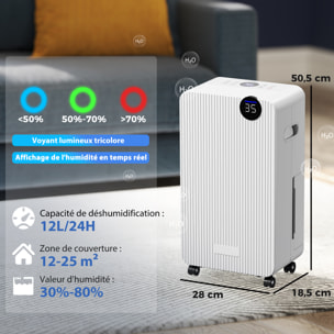 Déshumidificateur d'air 12L/jour mobile silencieux réservoir 2,1L timer 24H écran LED témoin d'humidité filtre lavable