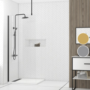 Paroi de Douche 90x200cm Verre Transparent - Profilé + Barre Plafond Noire - FREEDOM 2 BLACK
