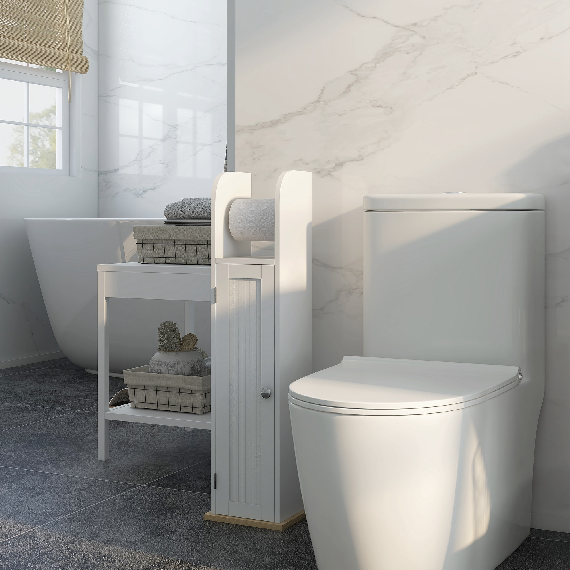 Mueble Auxiliar de Baño Columna de Baño Mueble de Suelo de Baño con Estantes Ajustables y Portarrollos de Papel 20x20x80 cm Blanco