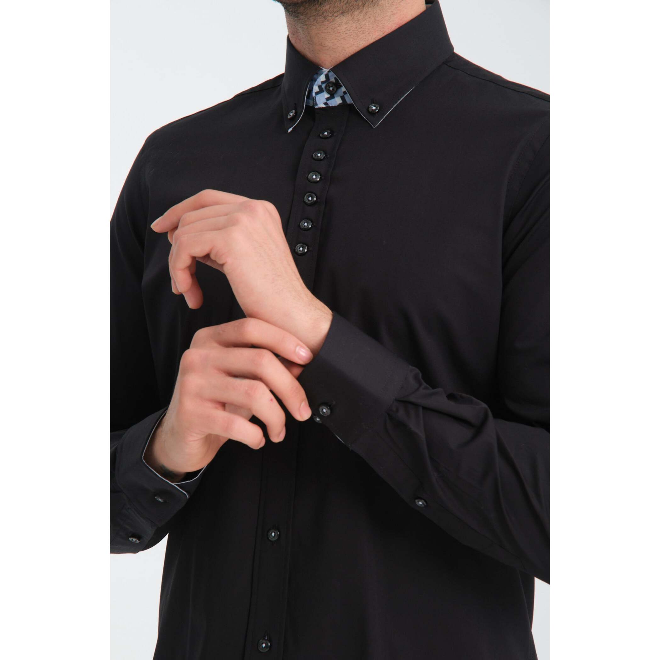 Camicia Uomo 1 Bottoni Button Down Slim Popeline Stretch Unito Nero