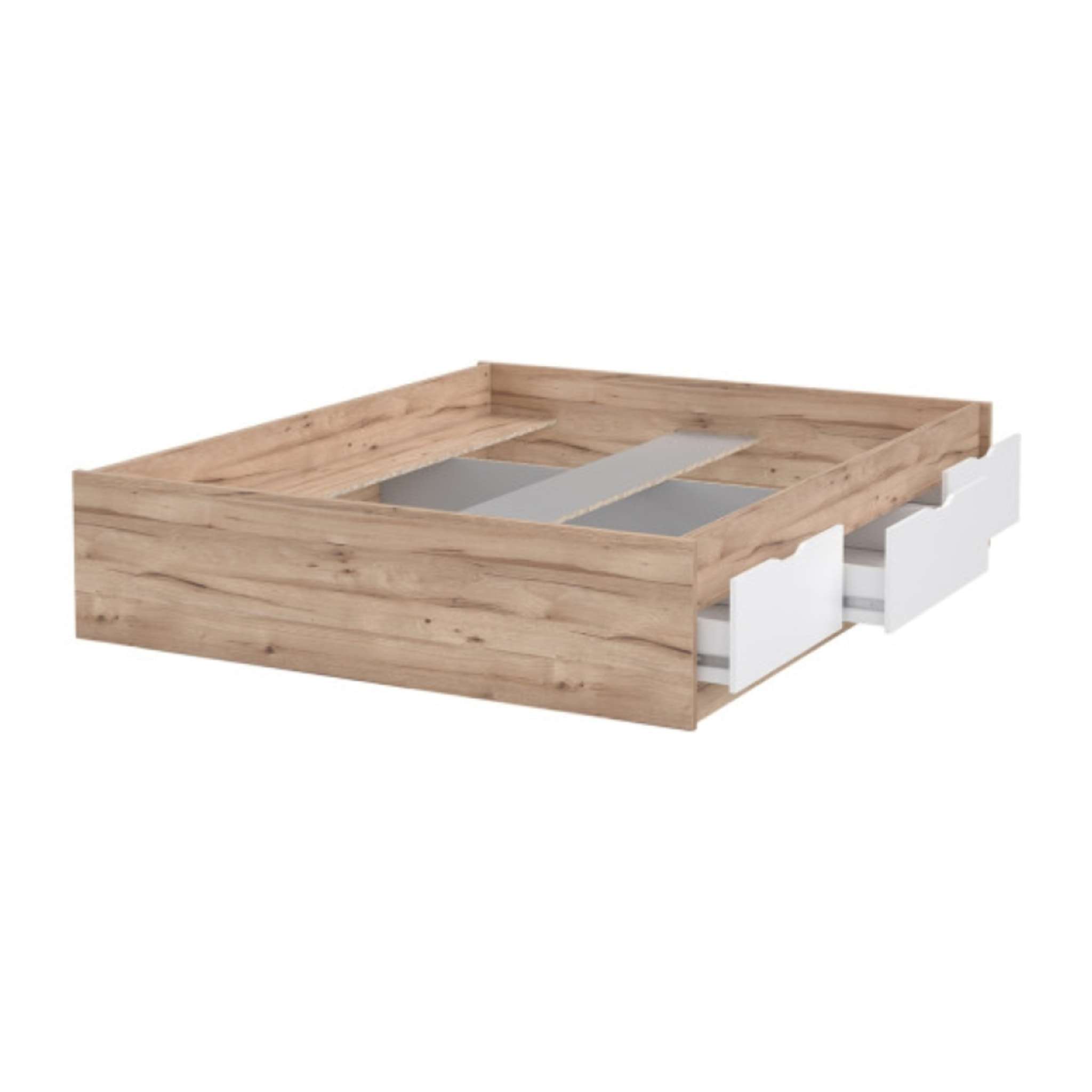 Lit double 160x200cm avec tiroirs effet bois chêne naturel et blanc mat - WANDA