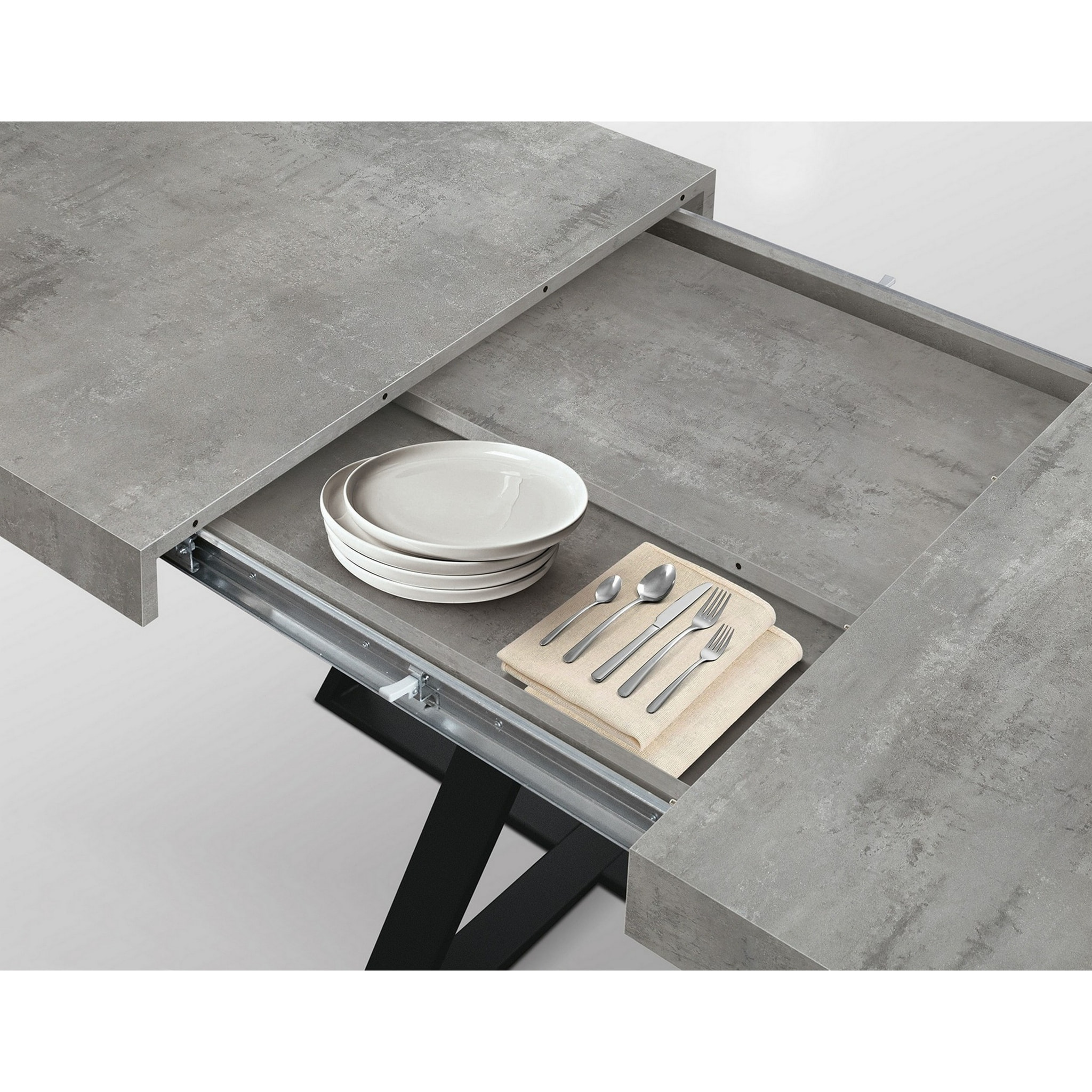 Tavolo FORTE DEI MARMI in legno, finitura grigio cemento e base a X in metallo antracite, allungabile 95x90 cm - 145 x 90 cm