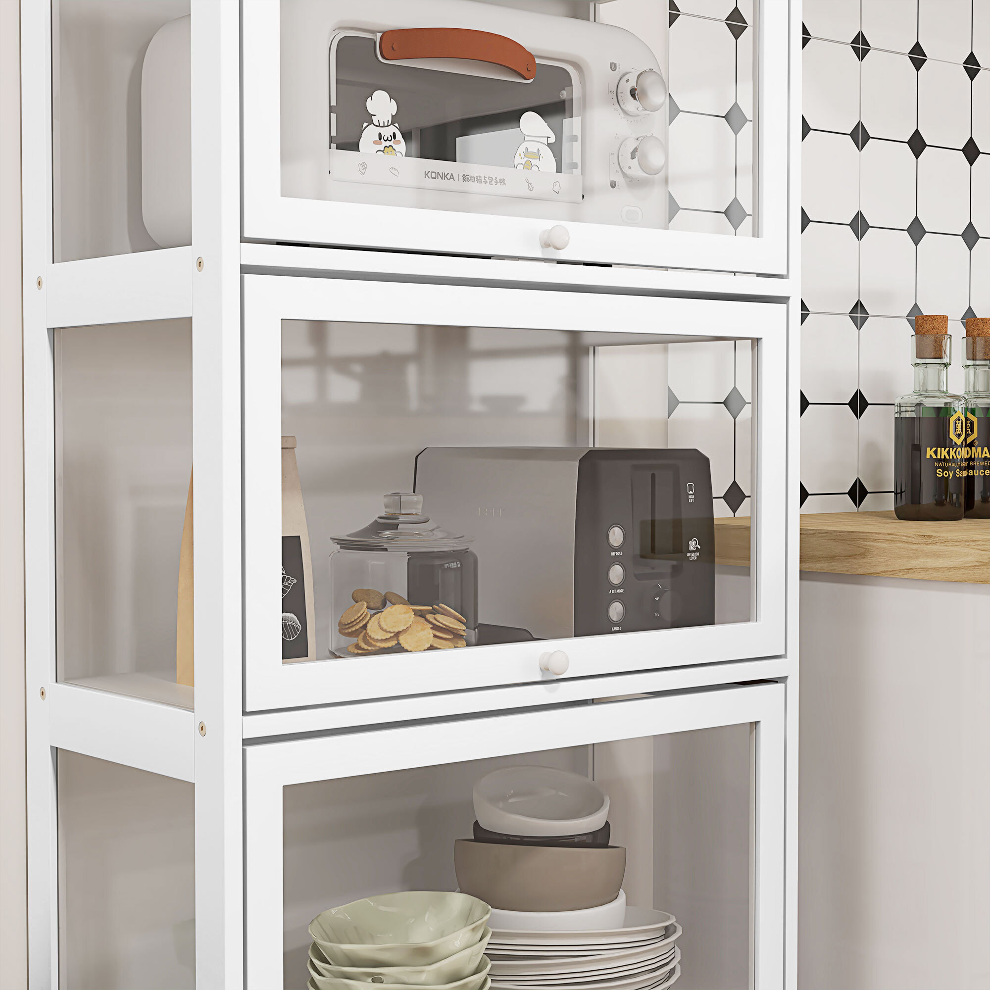 Vitrine colonne 4 niveaux - 4 portes abattantes - dim. 59 x 30 x 139 cm - MDF blanc acrylique transparent