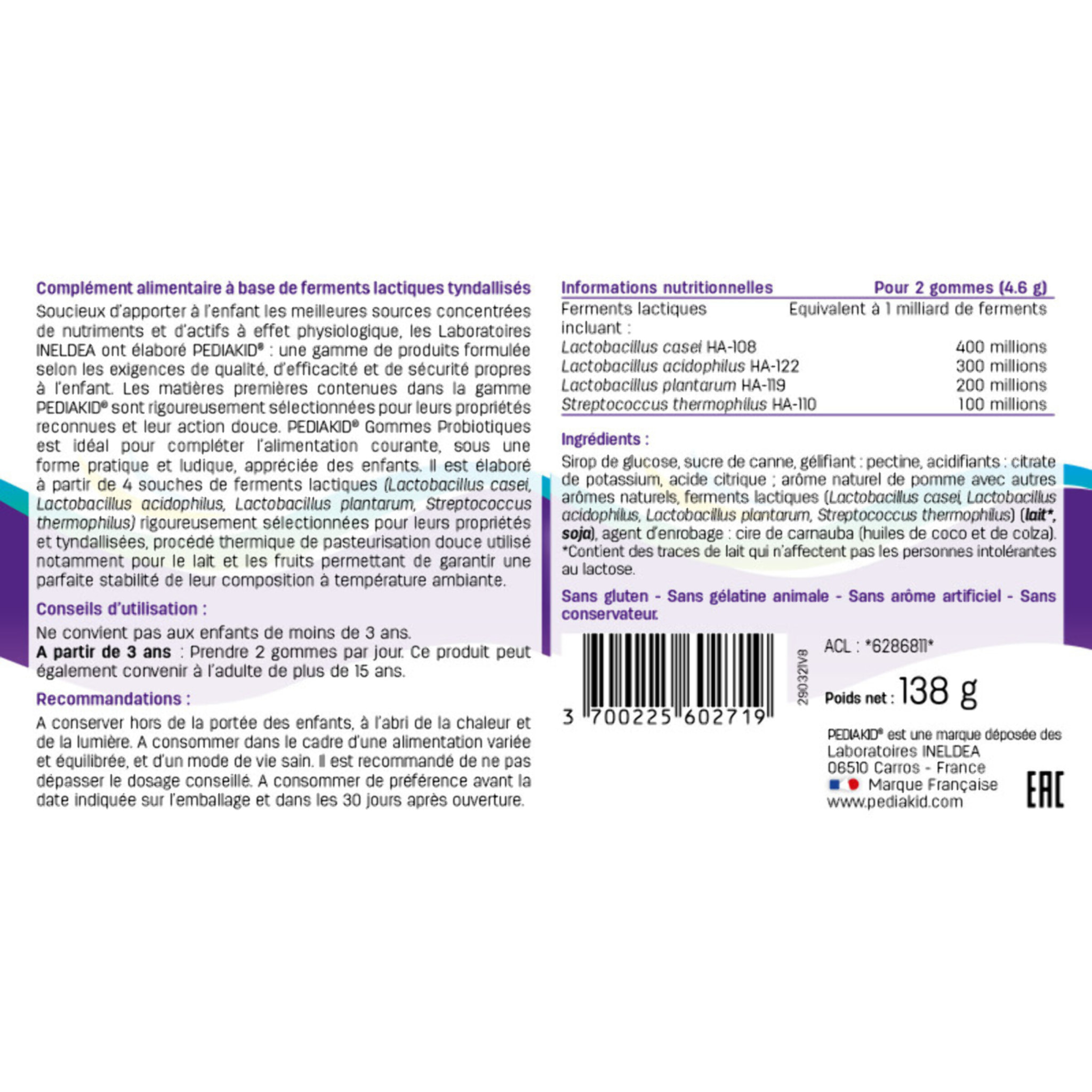 PEDIAKID - Gommes P'tit Biotic - Formule Naturelle au Délicieux Arôme de Pomme - Contribue à Enrichir la Flore Intestinale - Soutient les Défenses de l'Organisme - Lot de 3 piluliers