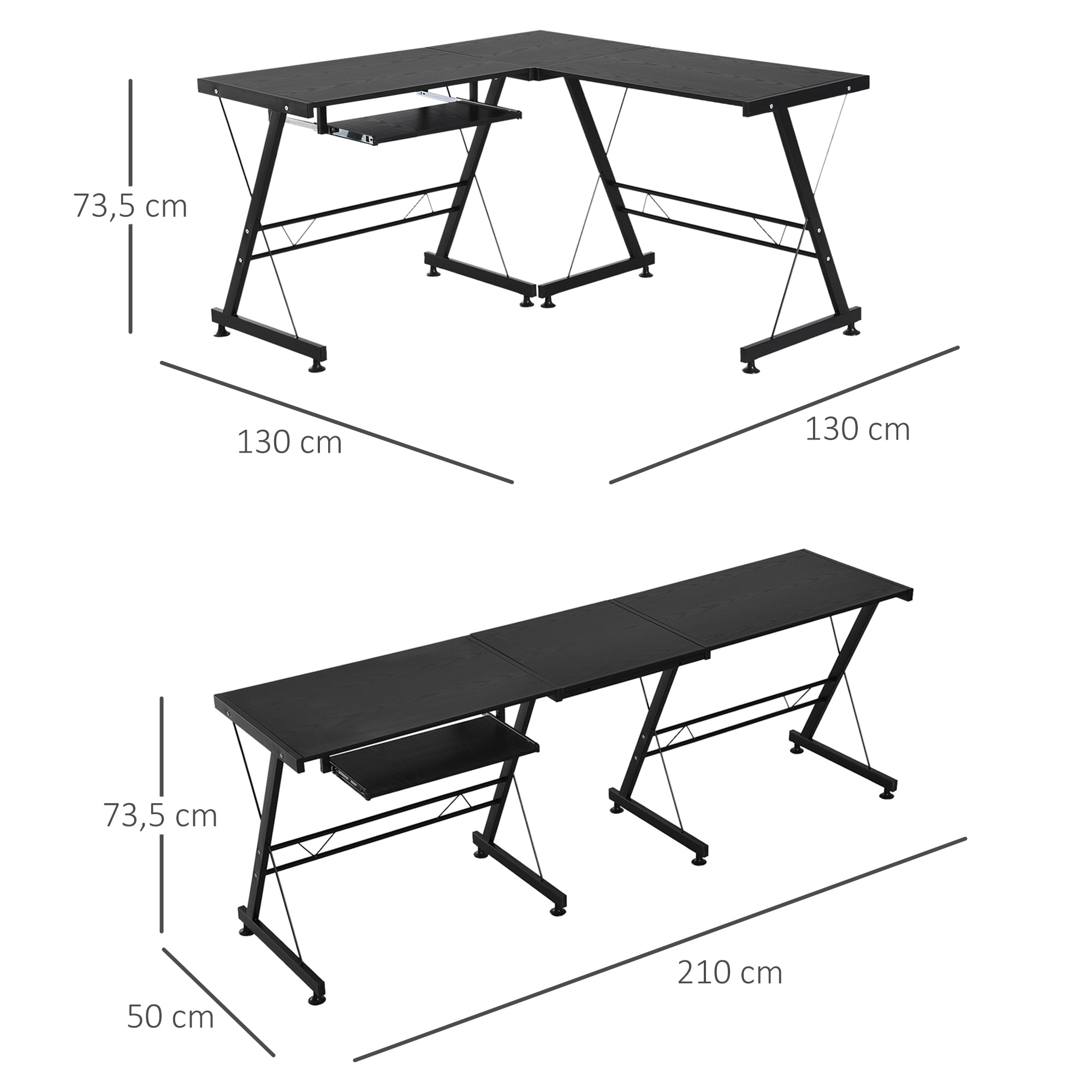 Mesa de Ordenador PC 2 Tipos en Forma de L 210x50x73,5cm Negro