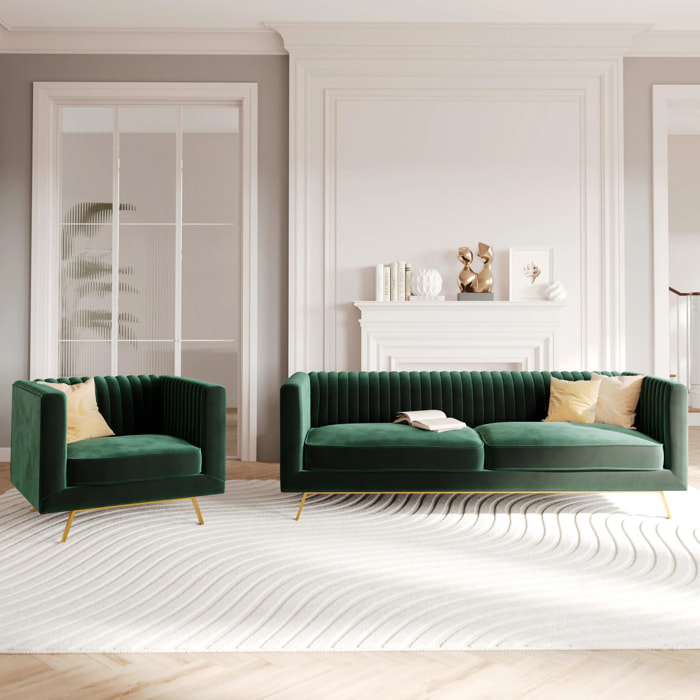 Ensemble canapé et fauteuil en velours vert 3 places - Gatsby