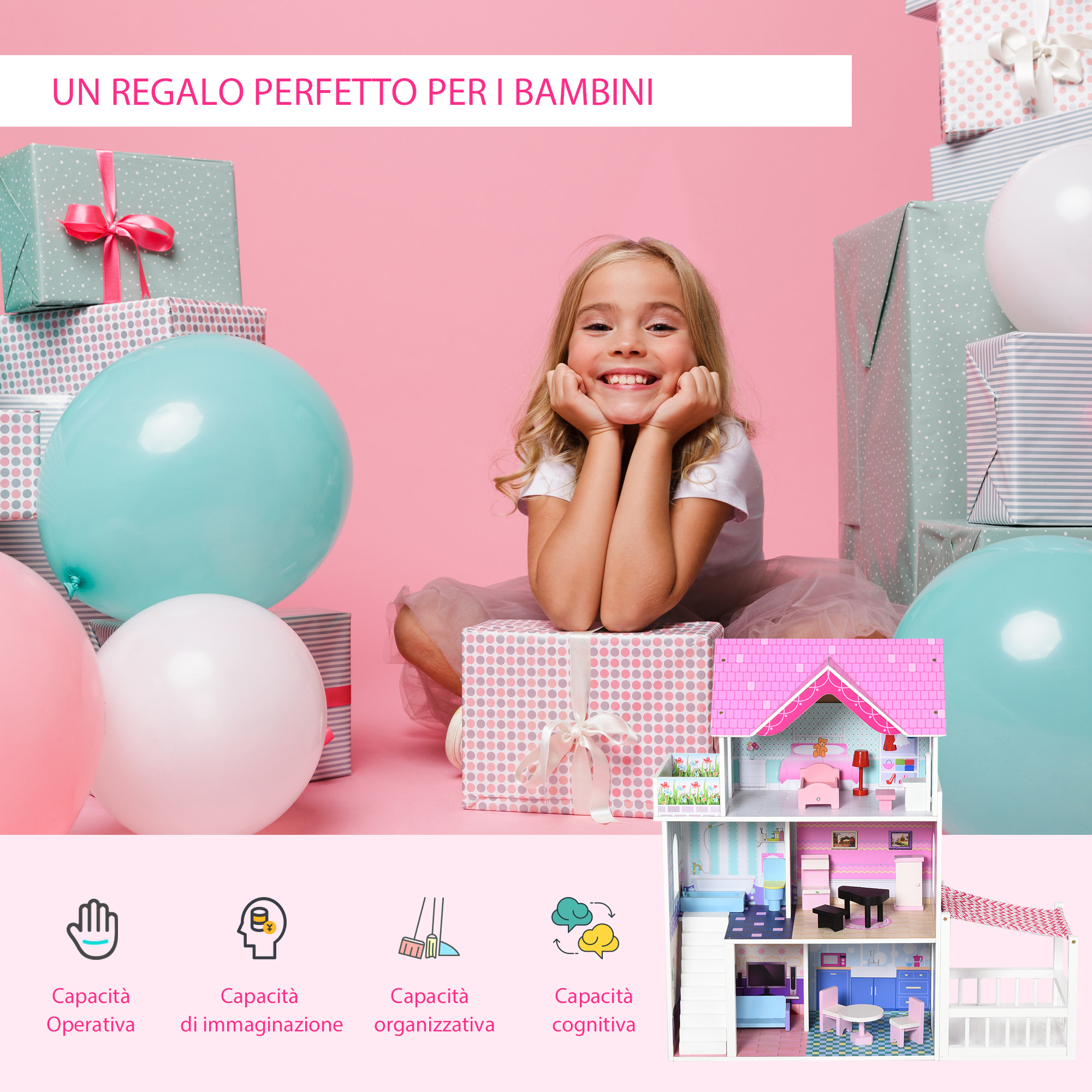 HOMCOM Casa delle Bambole in Legno per Bambini 3+ Anni con 12 Accessori, Tre Piani, Cortile e Arredamento, Rosa