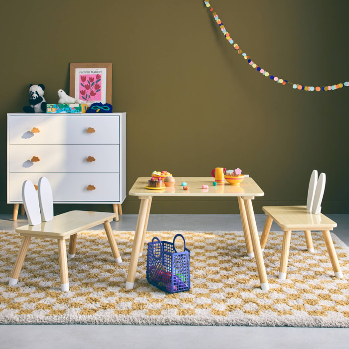 Table enfant + 2 chaises. pieds en pin. couleur blanc et bois