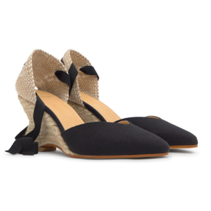 Alpargata Jud cuña de yute geométrica en lino con lazo, escote en V y punta afilada