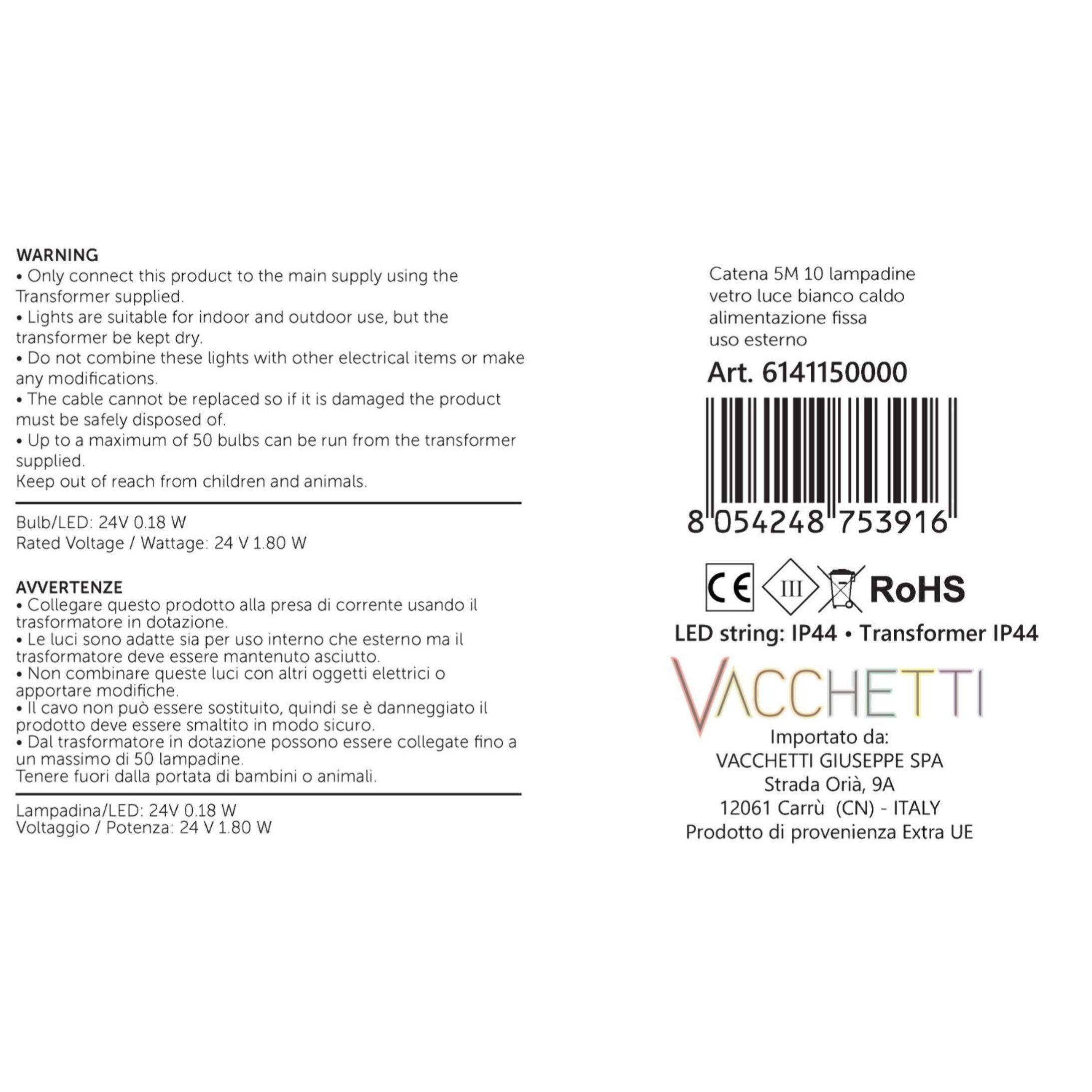 Catena da 5M con 10 lampadine in vetro a luce bianco caldo alimentazione fissa per uso esterno