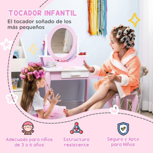Tocador para Niñas de 3-6 Años con Taburete Espejo y Cajón 65,5x46x93 cm Rosa